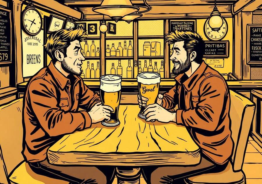 Two lads sharing pints and a proper chat in a warm Irish pub