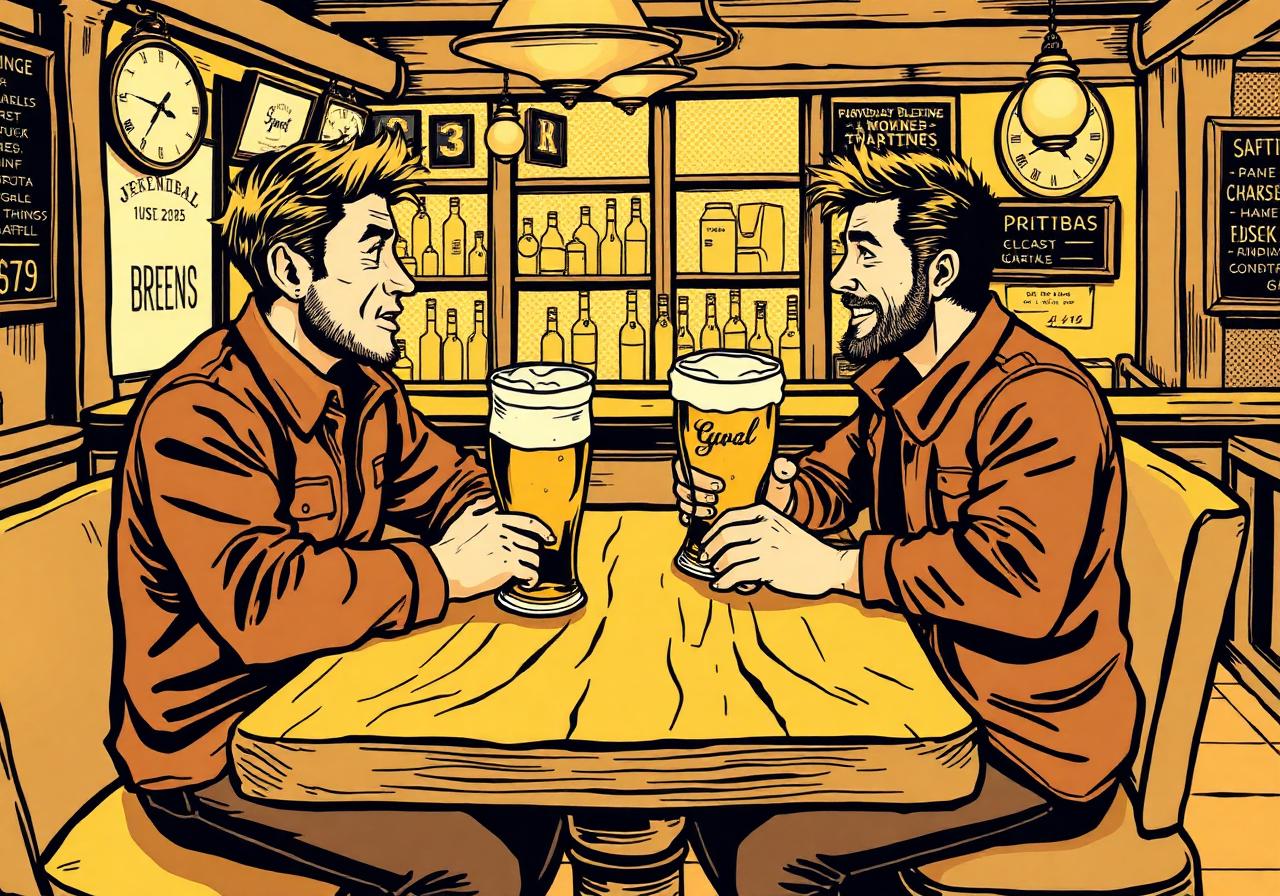 Two lads sharing pints and a proper chat in a warm Irish pub